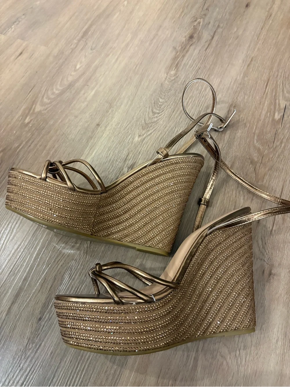 Metallic Gold Wedge Sandals with Ankle Strap